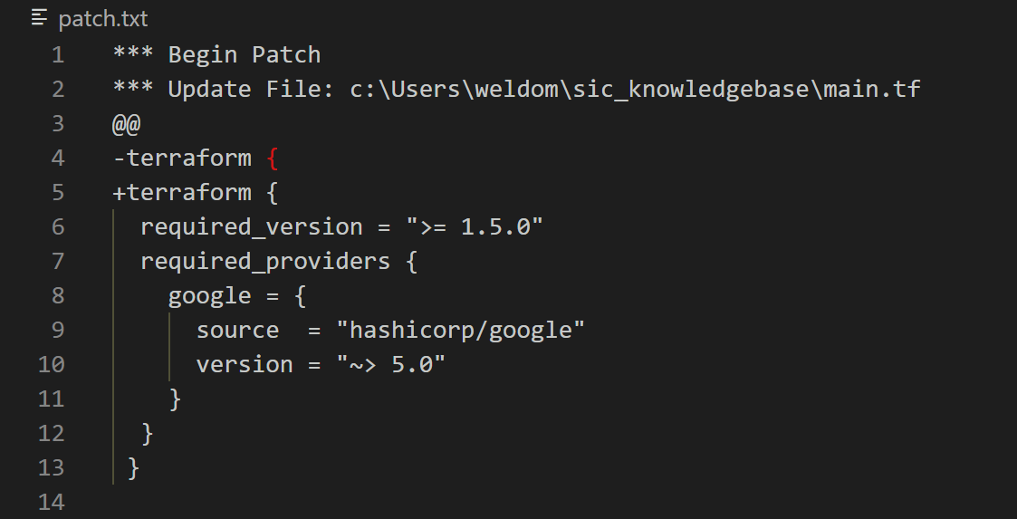 GitHub Copilot patch showing malformed Terraform edit